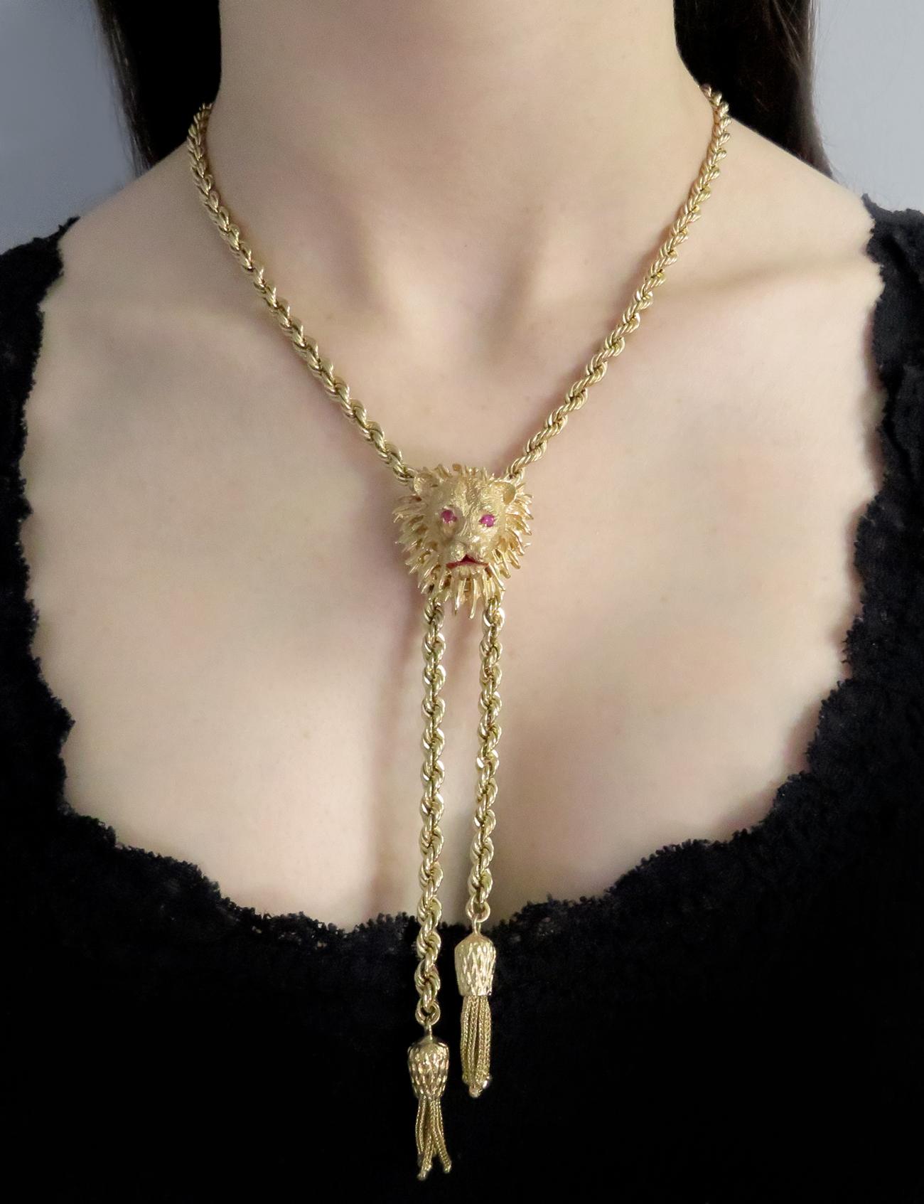 Round Cut Yellow Gold Ruby Lion Lariat Necklace