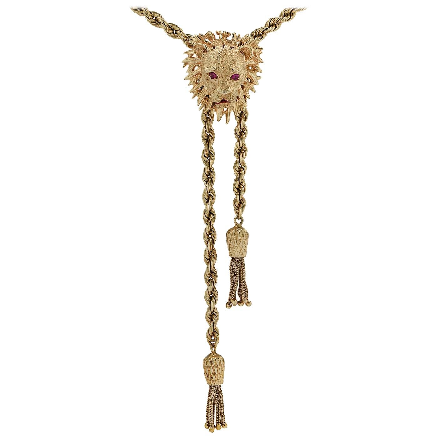 Yellow Gold Ruby Lion Lariat Necklace
