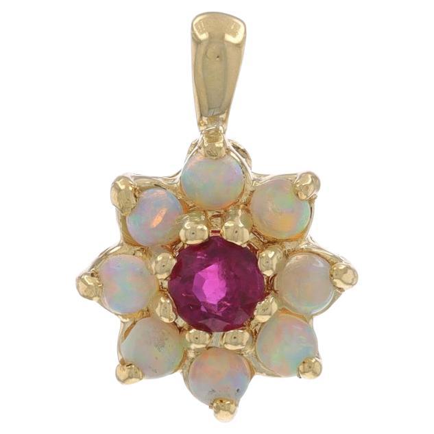 Yellow Gold Ruby Opal Halo Pendant - 14k Round 0.54ctw Flower