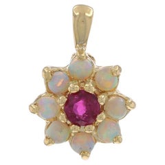Yellow Gold Ruby Opal Halo Pendant - 14k Round 0.54ctw Flower