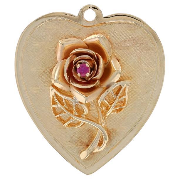 Yellow Gold Ruby Rose Blossom Heart Pendant - 14k Round Cut Love Flower For Sale