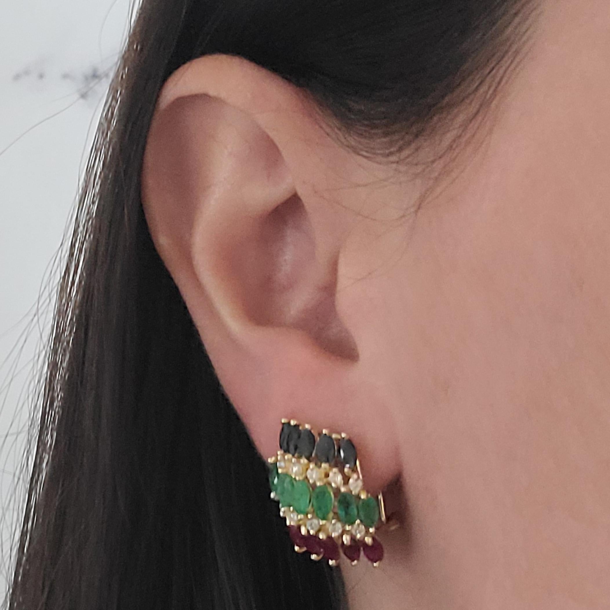 14 Karat Yellow Gold Earrings Featuring 10 Marquise Cut Rubies, 10 Marquise Cut Sapphires, & 12 Marquise Cut Emeralds Accented By 20 Round Diamonds Of I1 Clarity & H/I Color. Pierced Post With Omega Clip Back; Post Can Be Professionally Removed Upon