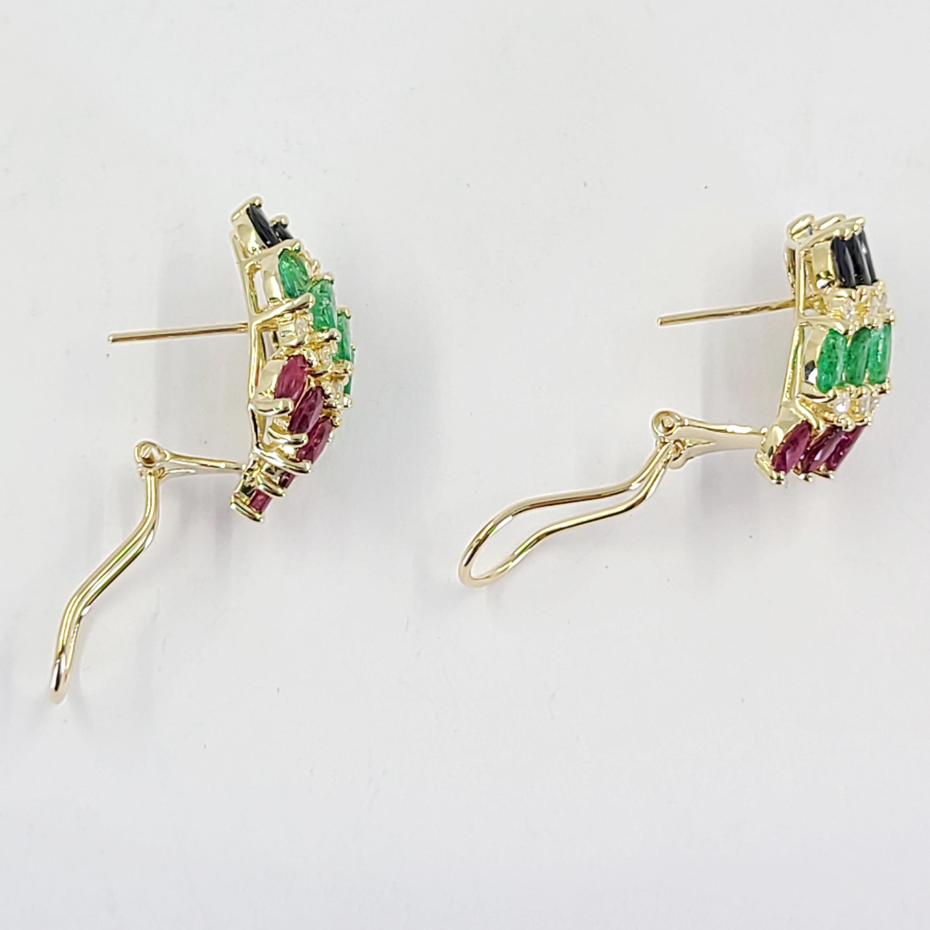 Marquise Cut Yellow Gold Ruby, Sapphire, and Emerald Earrings