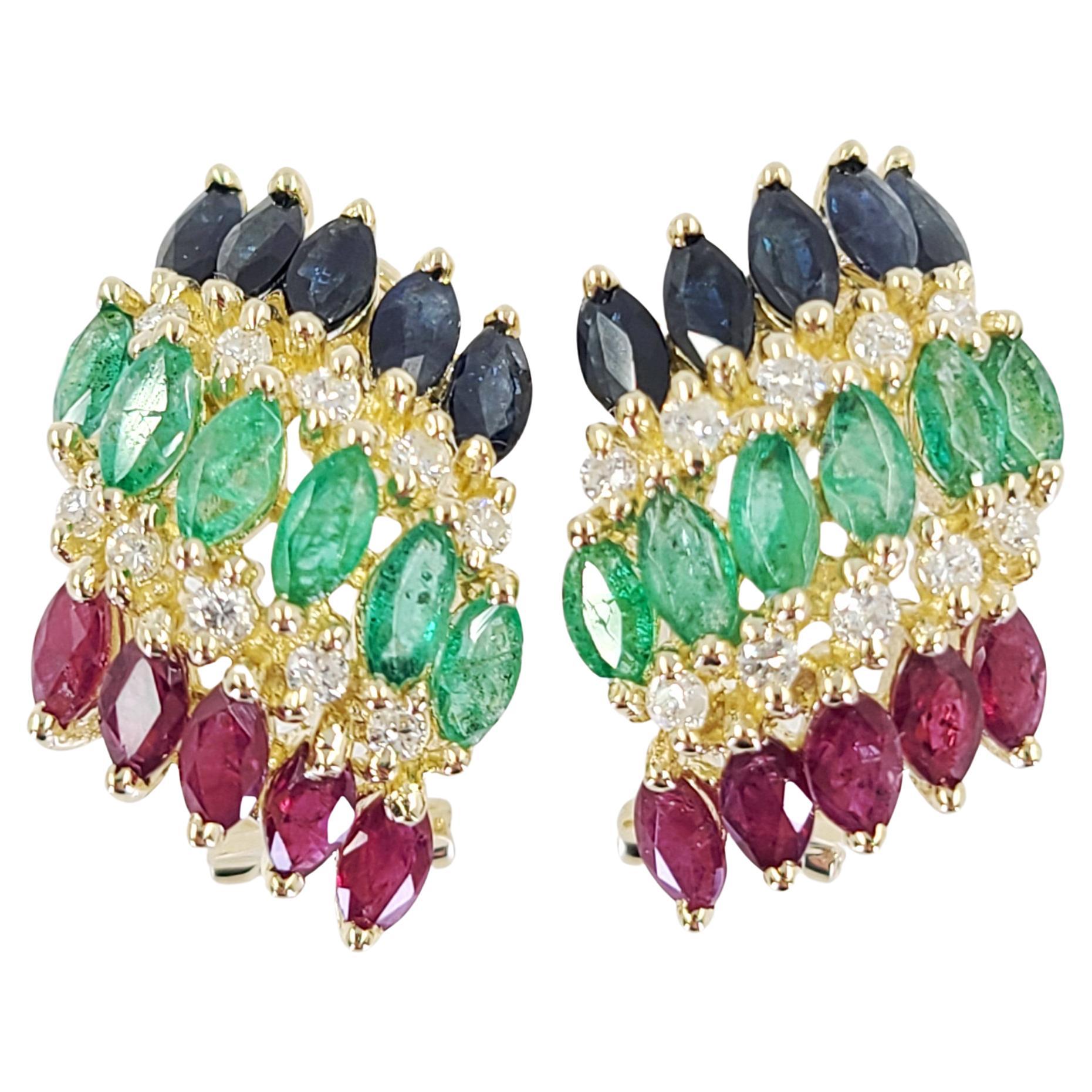 Yellow Gold Ruby, Sapphire, and Emerald Earrings