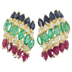 Used Yellow Gold Ruby, Sapphire, and Emerald Earrings
