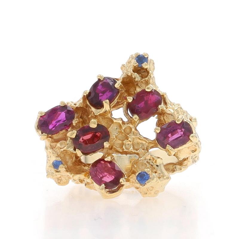 Size: 5 1/2
Sizing Fee: Up 3 sizes for $40 or Down 2 sizes for $30

Metal Content: 14k Yellow Gold

Stone Information

Natural Rubies
Treatment: Heating
Carat(s): 1.78ctw
Cut: Oval
Color: Purplish Red

Natural Sapphires
Treatment: Heating
Carat(s):