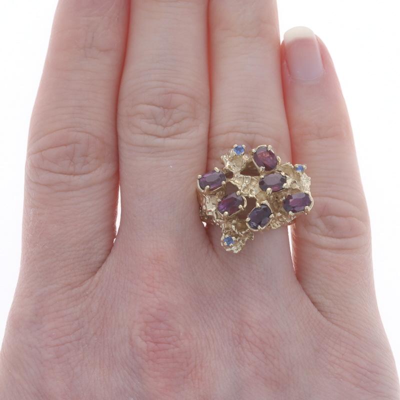 Oval Cut Yellow Gold Ruby & Sapphire Cluster Cocktail Ring - 14k Oval 1.90ctw For Sale