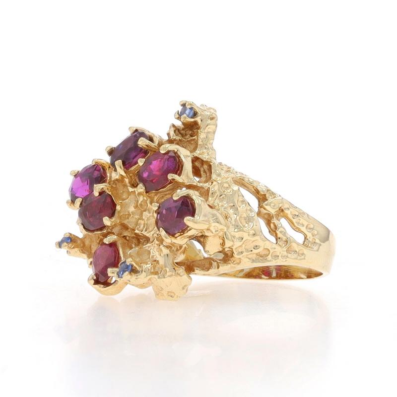 Yellow Gold Ruby & Sapphire Cluster Cocktail Ring - 14k Oval 1.90ctw In Excellent Condition For Sale In Greensboro, NC