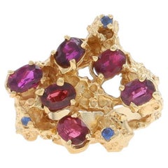 Yellow Gold Ruby & Sapphire Cluster Cocktail Ring - 14k Oval 1.90ctw