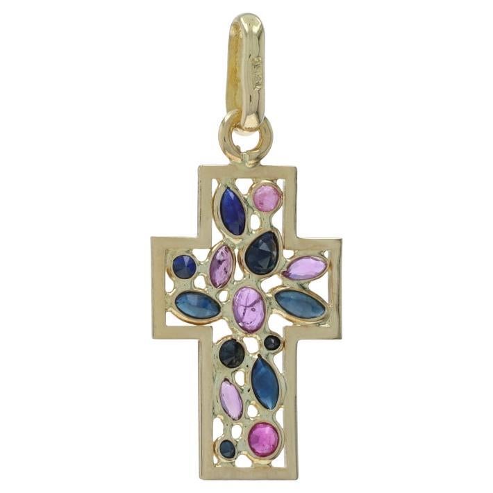 Yellow Gold Ruby Sapphire Cross Pendant - 18k Oval Round Marquise 1.63ctw Faith For Sale