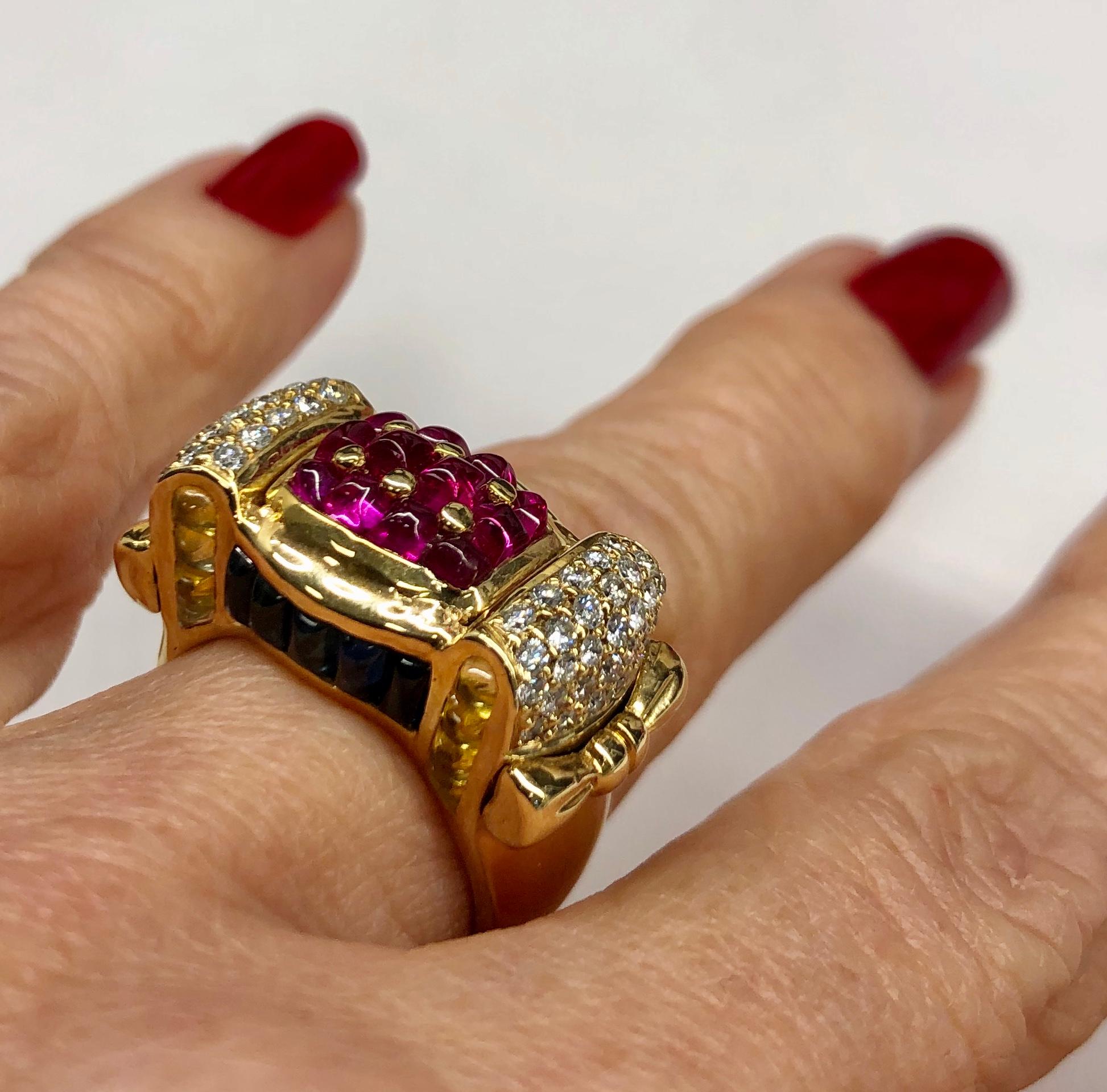 Women's 18K Yellow Gold Ruby Sapphire and Diamond Ring