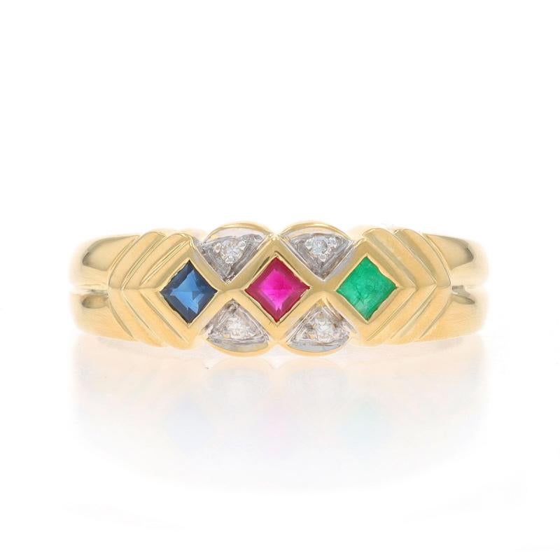 Size: 6 3/4
Sizing Fee: Up 1 1/2 sizes for $50 or Down 1 size for $40

Metal Content: 18k Yellow Gold & 18k White Gold

Stone Information

Natural Ruby
Treatment: Heating
Carat(s): .07ct
Cut: Square

Natural Sapphire
Treatment: Heating
Carat(s):