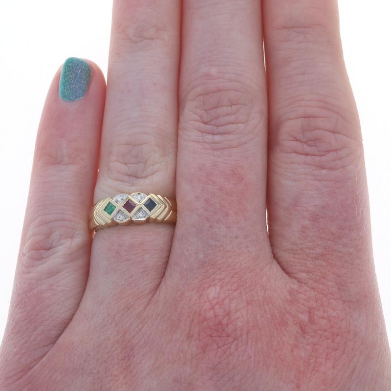 Square Cut Yellow Gold Ruby Sapphire Emerald Cluster Band - 18k Square .22ctw Ring For Sale