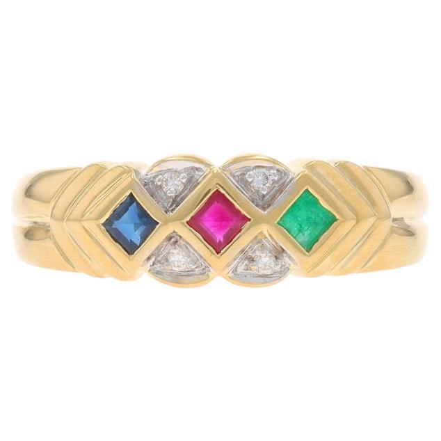 Yellow Gold Ruby Sapphire Emerald Cluster Band - 18k Square .22ctw Ring For Sale