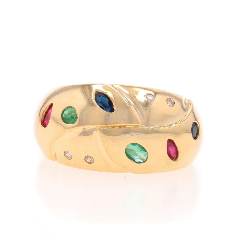 Talla: 6 1/2
Tasa de tallaje: Subir 1/2 talla por 40 $ o Bajar 1/2 talla por 40 $.

Contenido de metal: Oro amarillo de 14 quilates

Información sobre Stone
Rubíes naturales
Tratamiento: Calentamiento
Quilate(s): .24ctw
Talla: Marquesa y