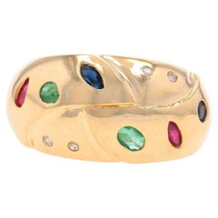 Yellow Gold Ruby Sapphire Emerald Cluster Dome Band - 14k Marquise .57ctw Ring