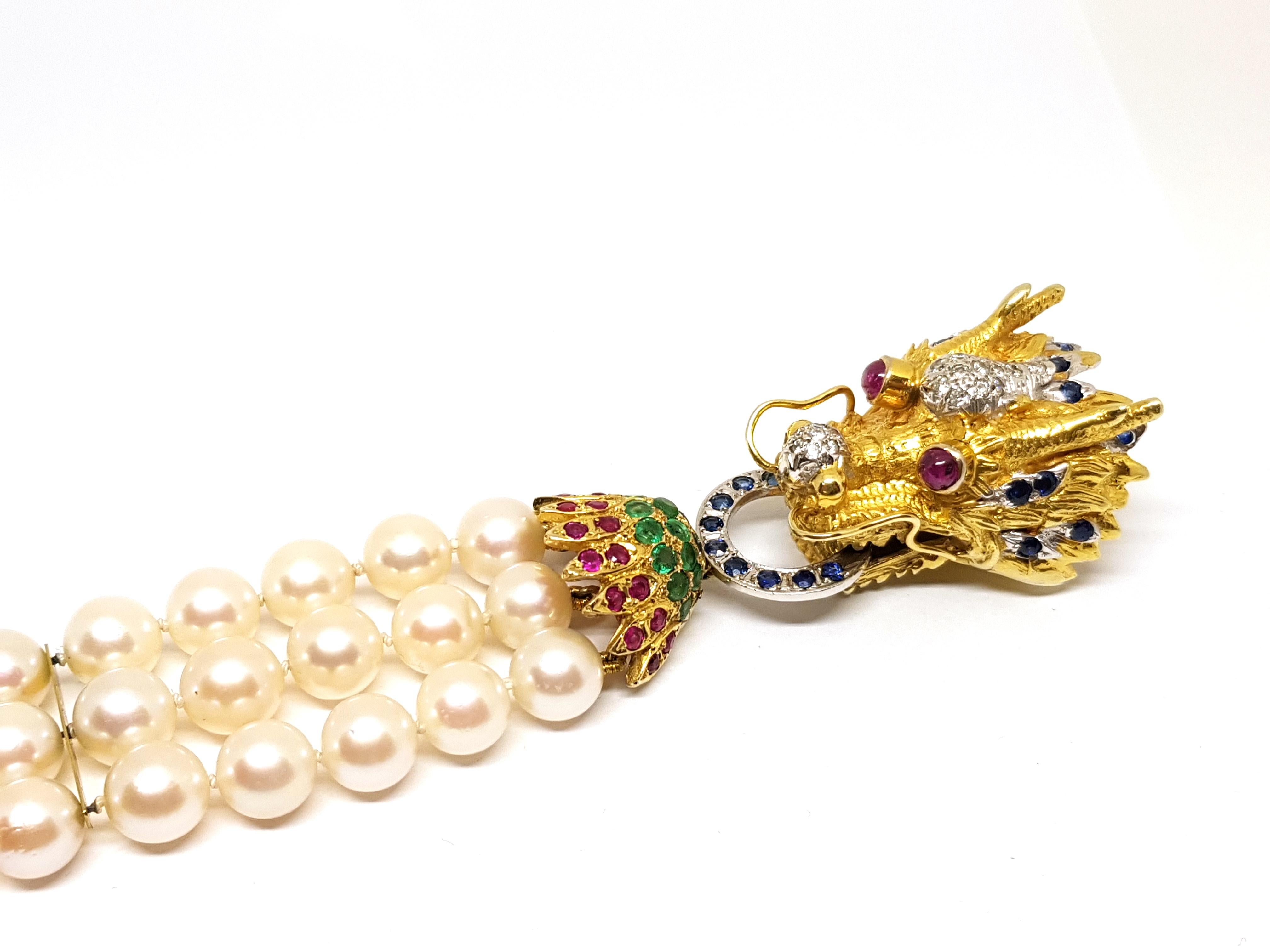 Gold Ruby Sapphire Emerald Diamond Akoya Pearl Asian Chinese Dragon Necklace For Sale 7