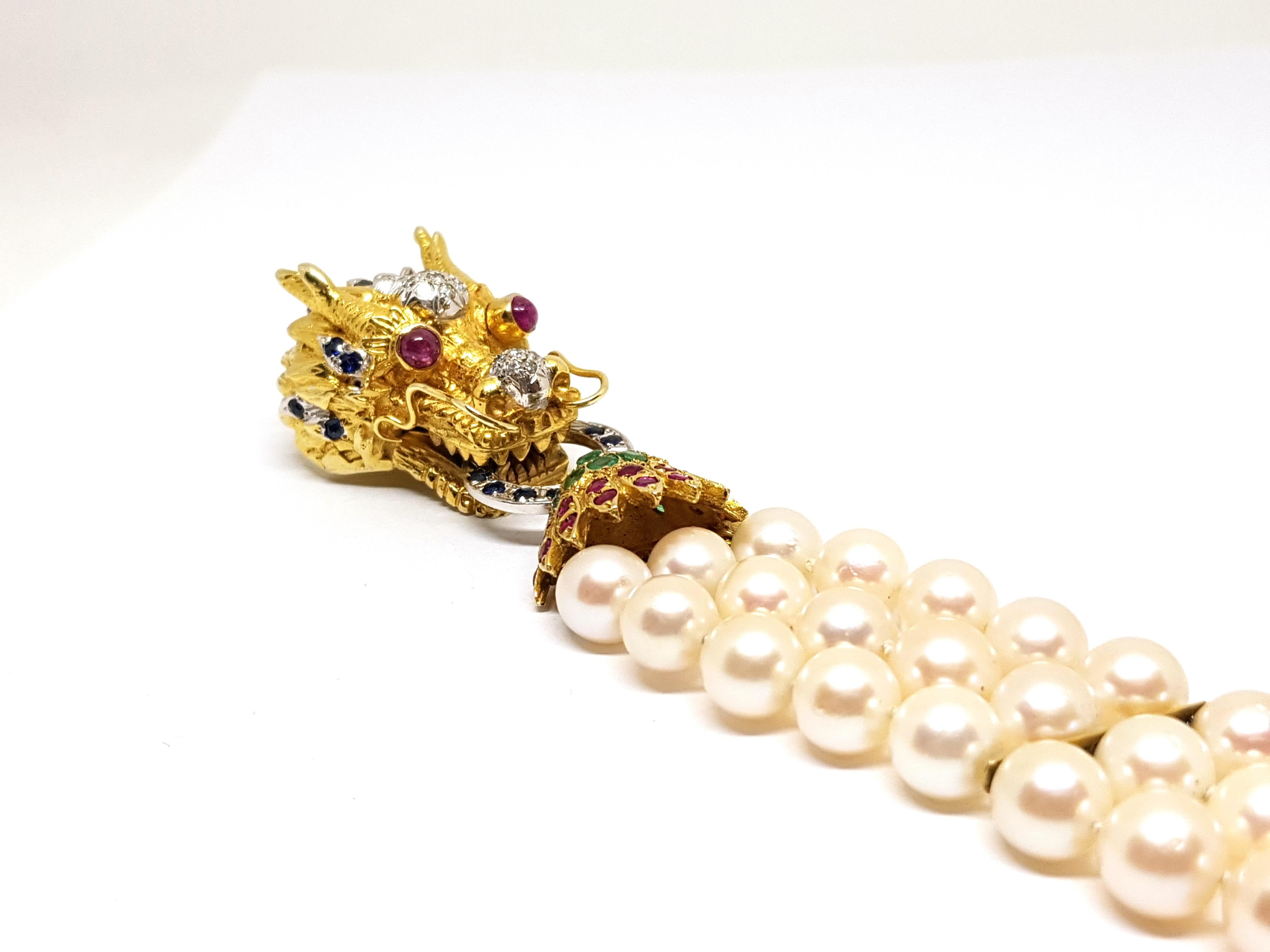 Gold Ruby Sapphire Emerald Diamond Akoya Pearl Asian Chinese Dragon Necklace For Sale 10
