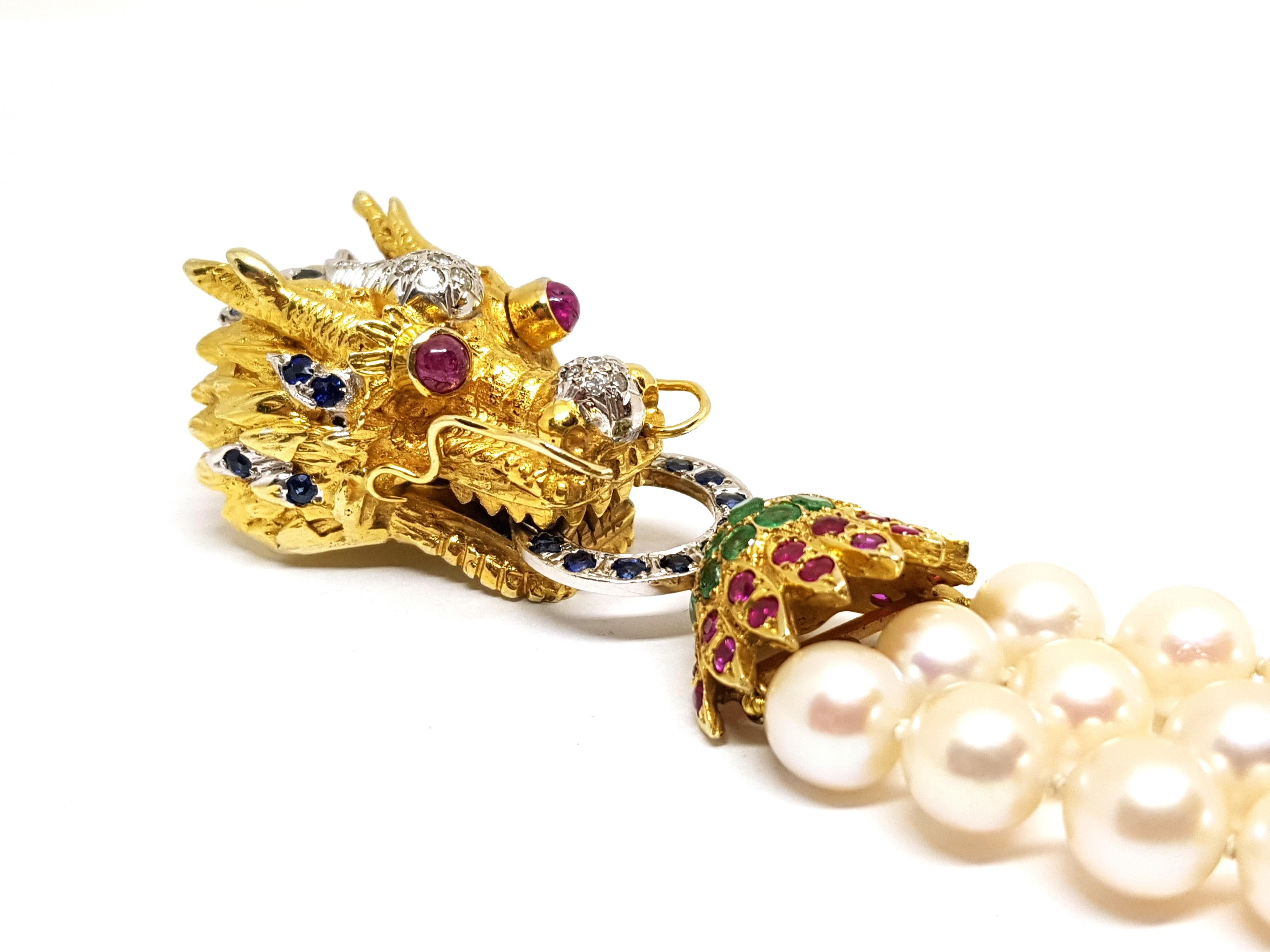 Gold Ruby Sapphire Emerald Diamond Akoya Pearl Asian Chinese Dragon Necklace For Sale 11