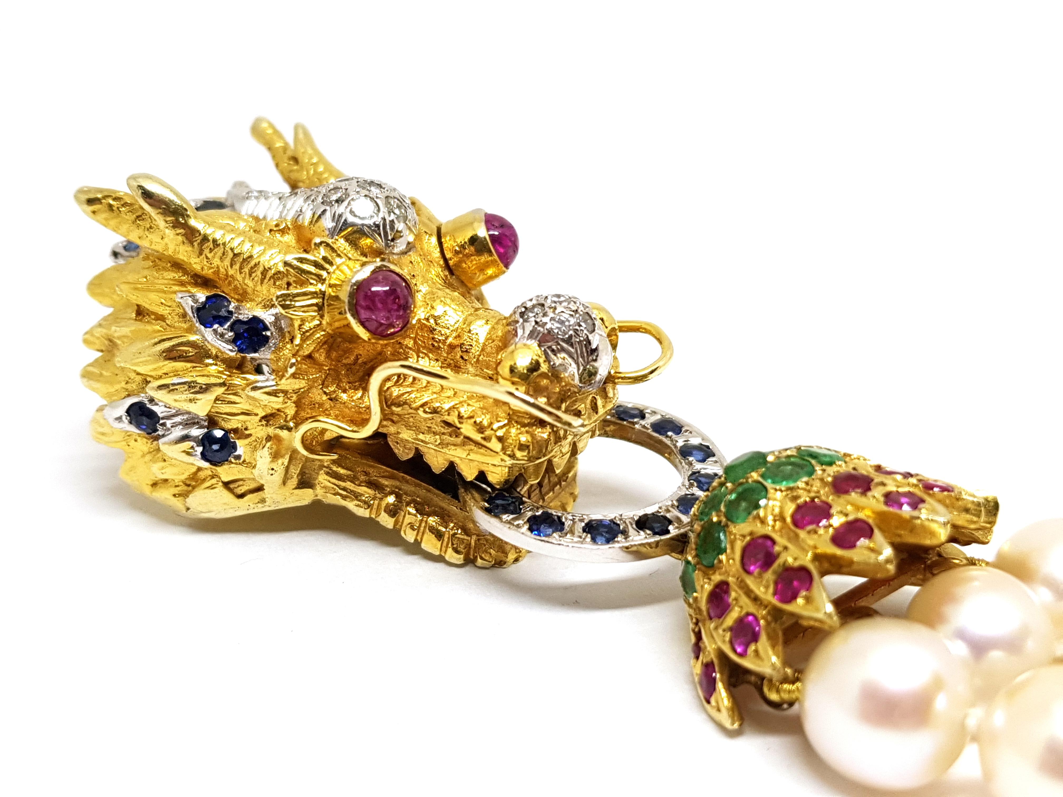 Gold Ruby Sapphire Emerald Diamond Akoya Pearl Asian Chinese Dragon Necklace For Sale 12