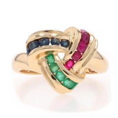 Anillo de Oro Amarillo Rubí Zafiro Esmeralda Nudo Cóctel Bypass - 14k .76ctw