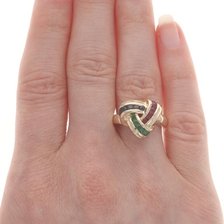 Bague Cocktail Bypass En Or Jaune 14k Avec Rubis, Saphir Et émeraude - 0.76ctw - Taille 6.5