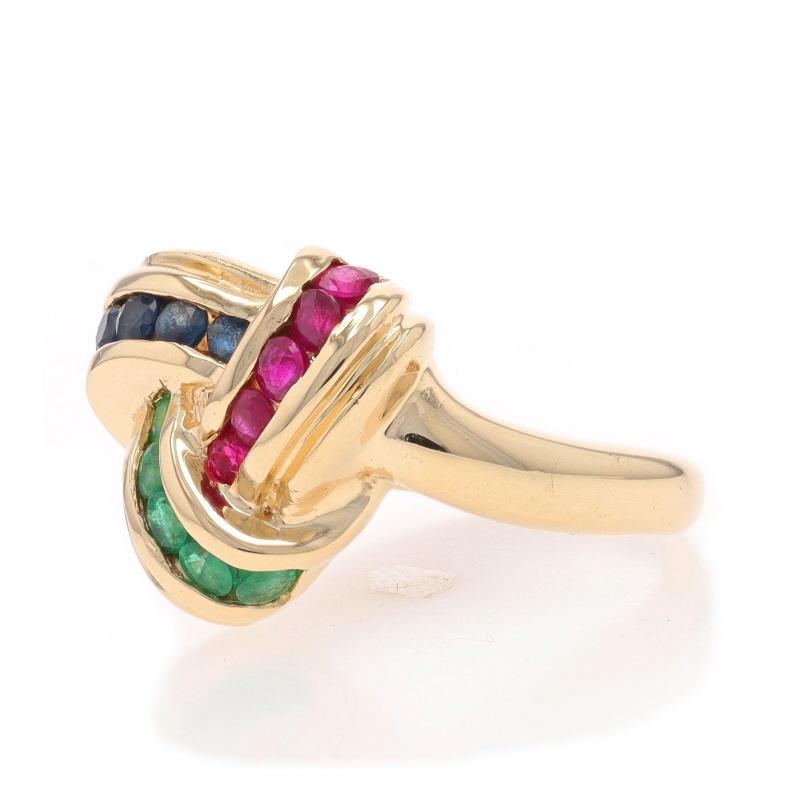 Or jaune Rubis Saphir Emeraude Nœud Cocktail Bague Bypass - 14k .76ctw Excellent état - En vente à Greensboro, NC
