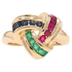 Anillo de Oro Amarillo Rubí Zafiro Esmeralda Nudo Cóctel Bypass - 14k .76ctw