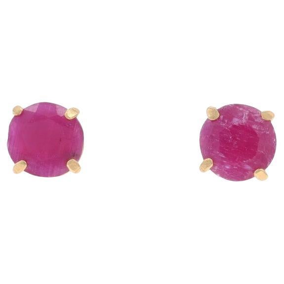 Yellow Gold Ruby Stud Earrings - 14k Round 2.10ctw Pierced