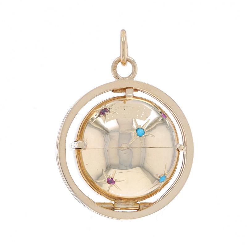 Era: Vintage

Metal Content: 14k Yellow Gold

Stone Information
Natural Rubies
Treatment: Heating
Cut: Round
Color: Purplish Red

Natural Turquoise
Treatment: Routinely Enhanced
Cut: Round Cabochon
Color: Blue

Style: Locket
Theme: Celestial Star