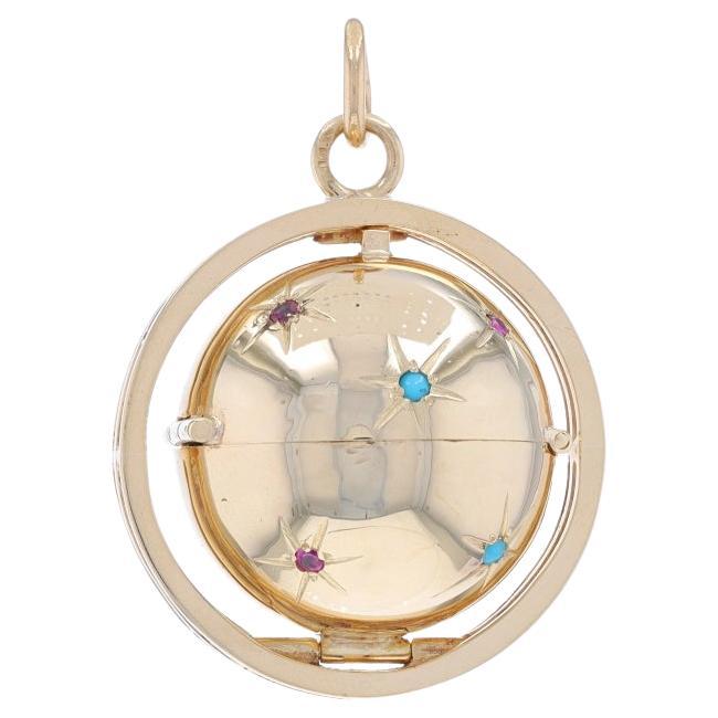 Yellow Gold Ruby & Turquoise Vintage Star Orb Locket Pendant 14k Round 6 Frames For Sale