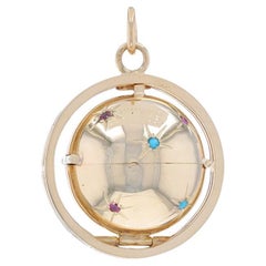 Yellow Gold Ruby & Turquoise Vintage Star Orb Locket Pendant 14k Round 6 Frames