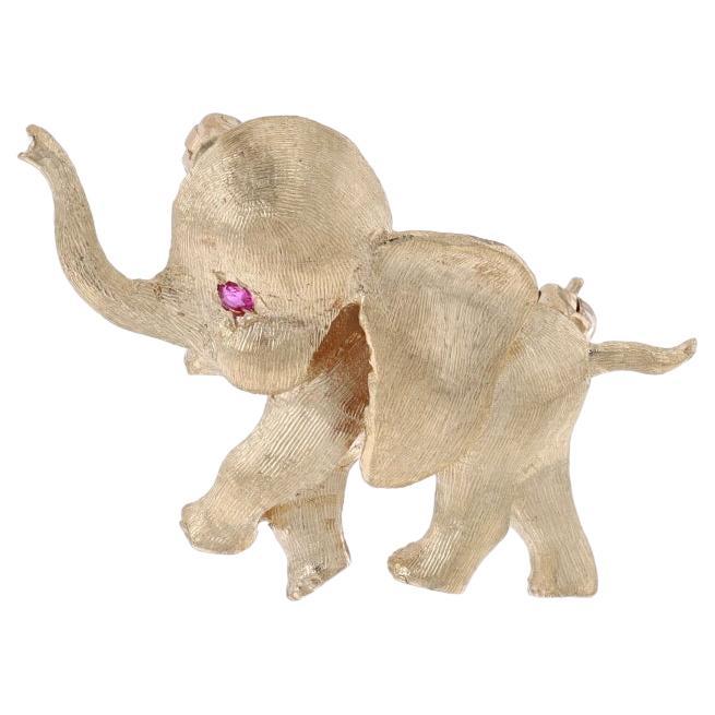 Yellow Gold Ruby Vintage Baby Elephant Brooch - 14k Playful Pachyderm Calf Pin For Sale