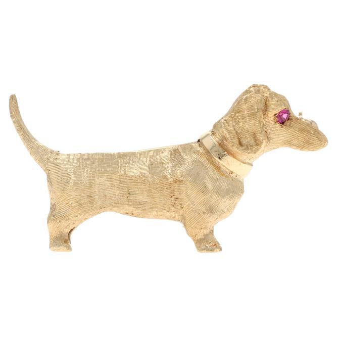 Gelbgold Rubin Vintage Dackel Hund Brosche - 14k Runde Haustier Hund Pin
