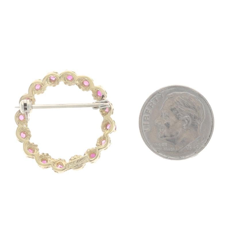 Round Cut Yellow Gold Ruby Wreath Brooch - 18k Round .98ctw Circle Pin For Sale