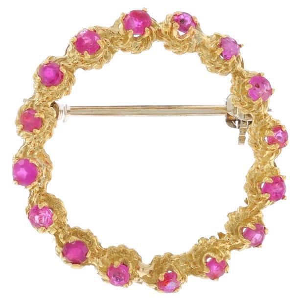 Yellow Gold Ruby Wreath Brooch - 18k Round .98ctw Circle Pin