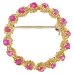 Yellow Gold Ruby Wreath Brooch - 18k Round .98ctw Circle Pin