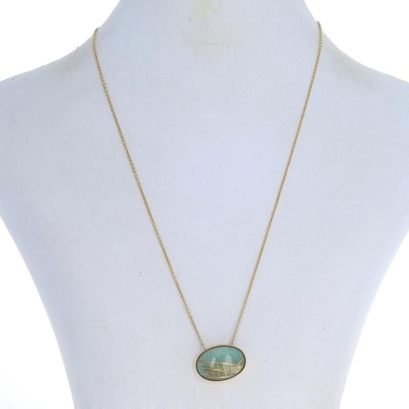 Oval Cut Yellow Gold Rutilated Quartz Amazonite Pendant Necklace 16 1/2