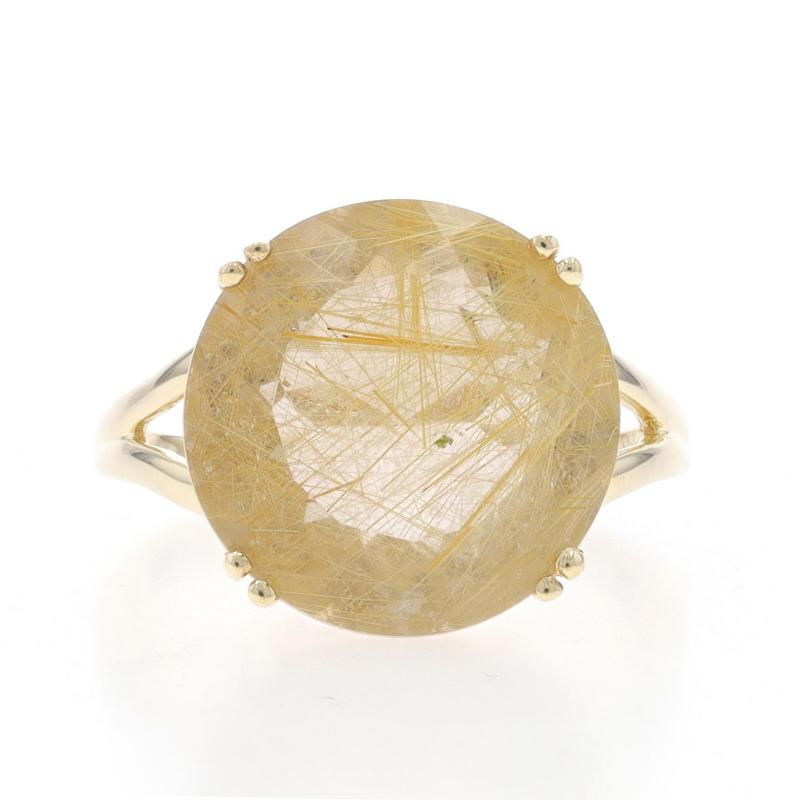 Size: 8 1/4
Sizing Fee: Up 2 sizes for $30 or Down 1 size for $30

Metal Content: 10k Yellow Gold

Stone Information

Natural Rutilated Quartz
Carat(s): 7.12ct
Cut: Round

Total Carats: 7.12ct

Style: Cocktail Solitaire
Features: Split