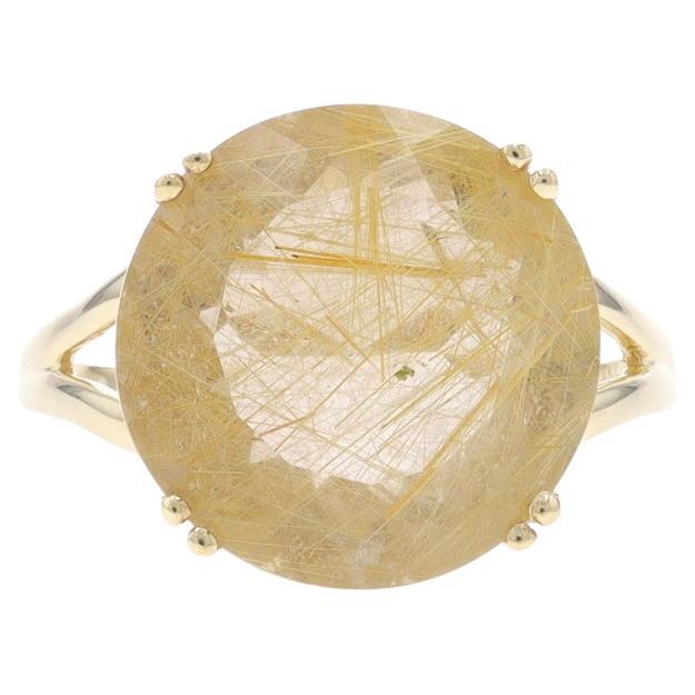 Yellow Gold Rutilated Quartz Cocktail Solitaire Ring - 10k Round 7.12ct For Sale