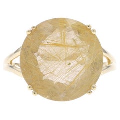 Yellow Gold Rutilated Quartz Cocktail Solitaire Ring - 10k Round 7.12ct