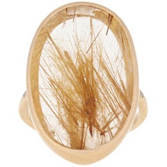 Yellow Gold Rutilated Quartz 
Diamond Ring, 14k Round Brilliant Accents Custom