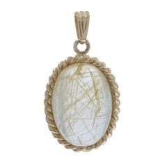 Yellow Gold Rutilated Quartz Solitaire Pendant - 14k Oval Cabochon 11.90ct