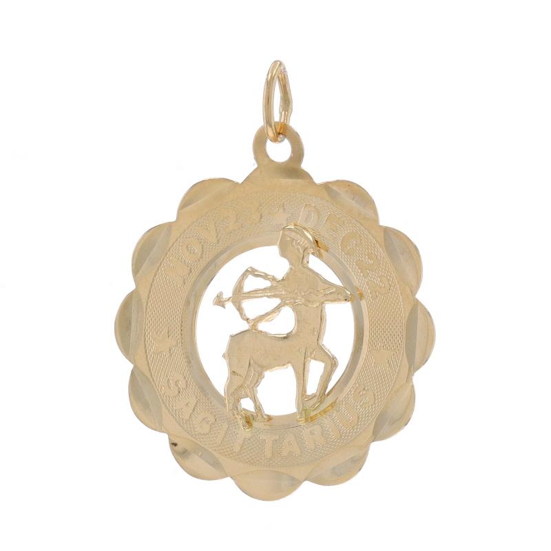 Metal Content: 14k Yellow Gold

Theme: Sagittarius Zodiac Sign, Astrology Archer
Features: Open Cut Design with Textured Detailing

Measurements

Tall (from stationary bail): 27/32