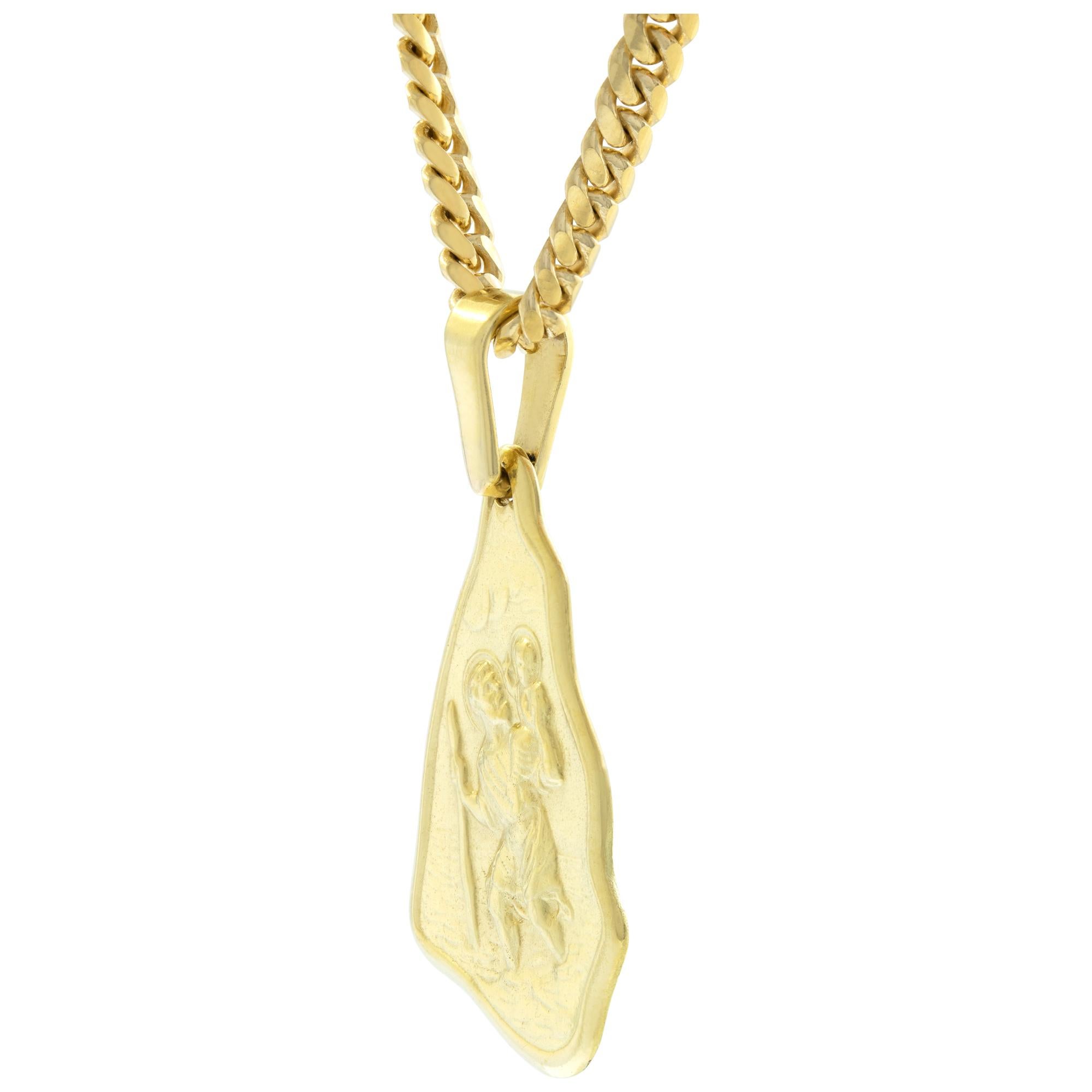 Yellow gold saint charm pendant on flat cuban link chain In Excellent Condition In Surfside, FL