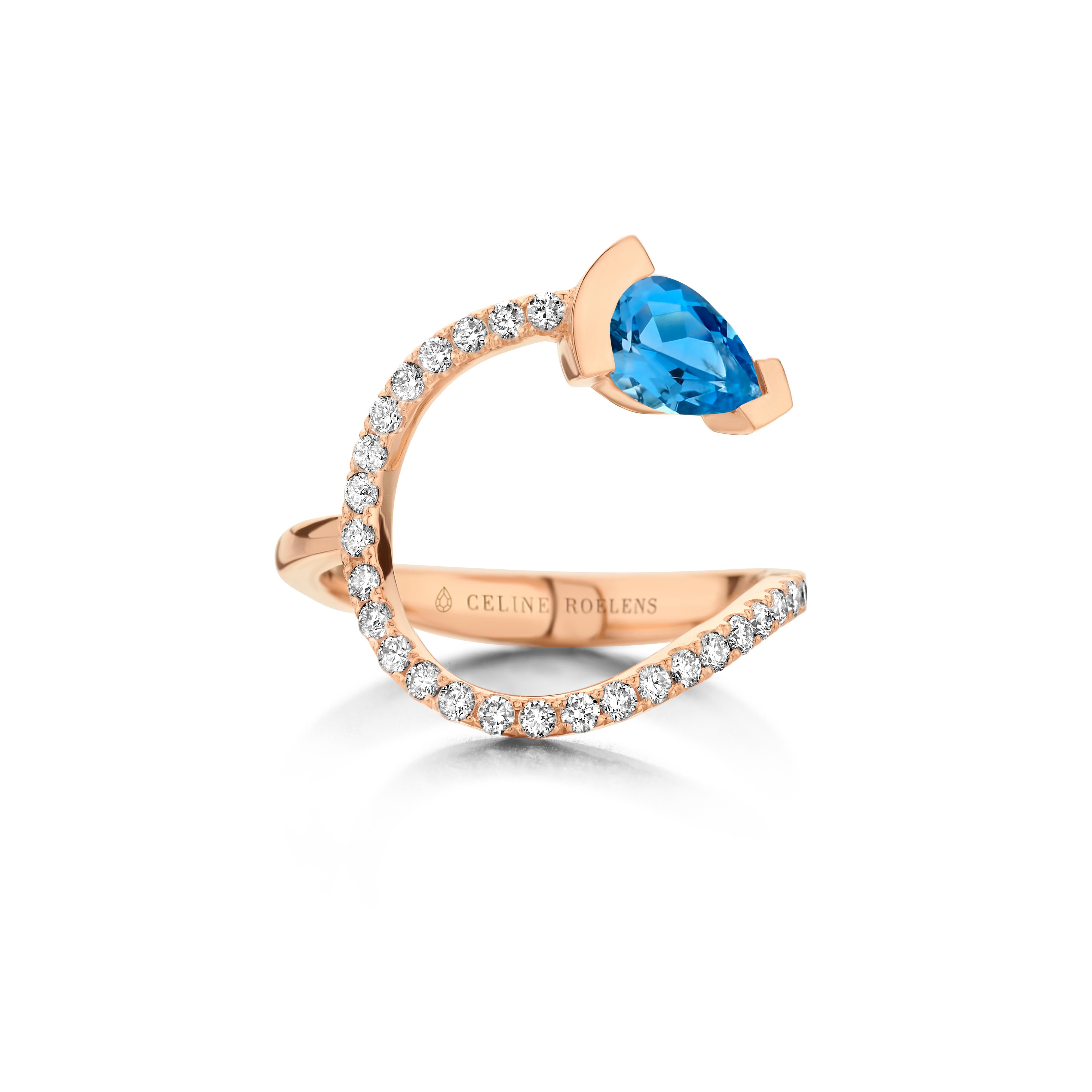 ADELINE curved ring in 18Kt yellow gold set with a pear shaped Santa Maria aquamarine and 0,33 Ct of white brilliant cut diamonds - VS F quality.