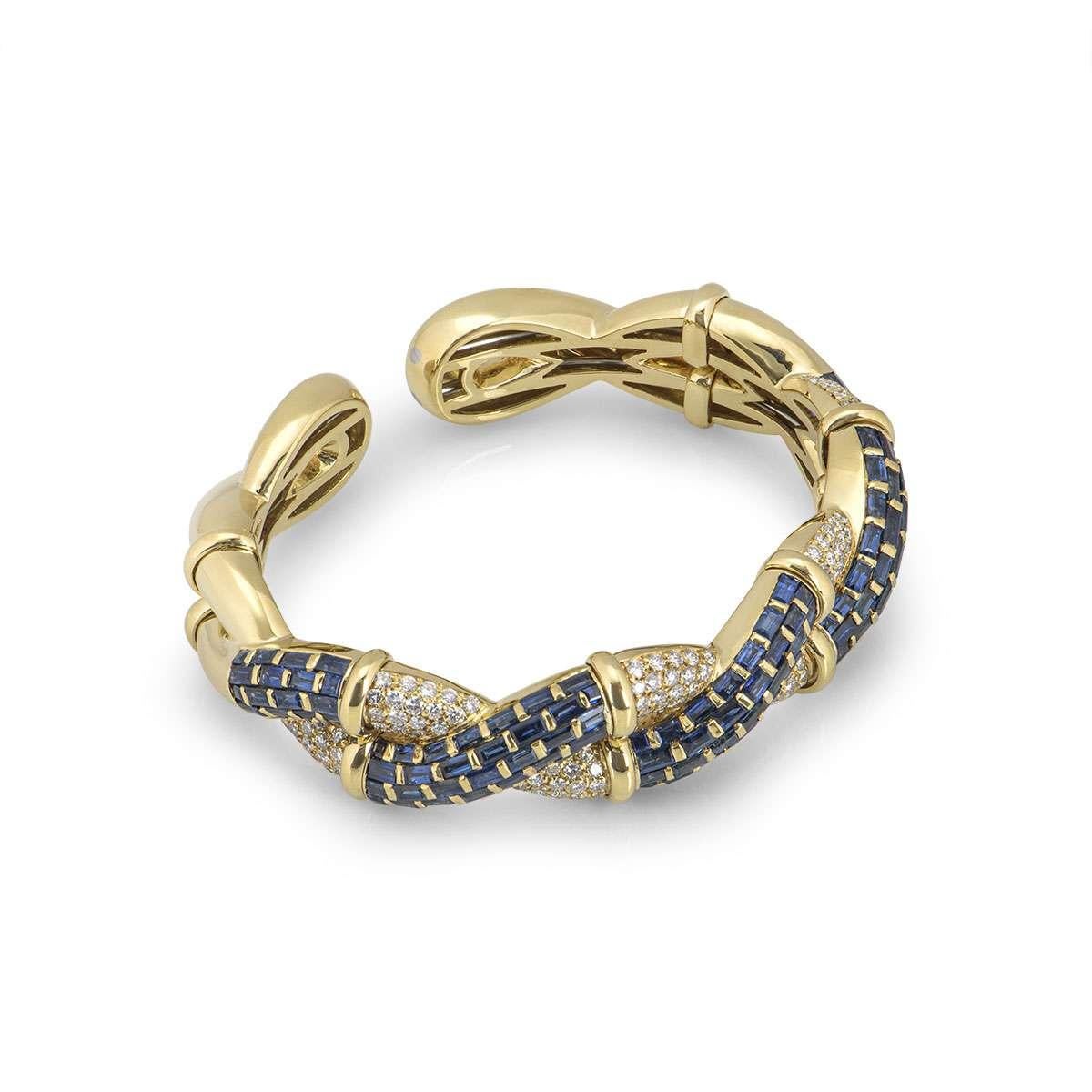 Round Cut Yellow Gold Sapphire and Diamond Cuff Bangle