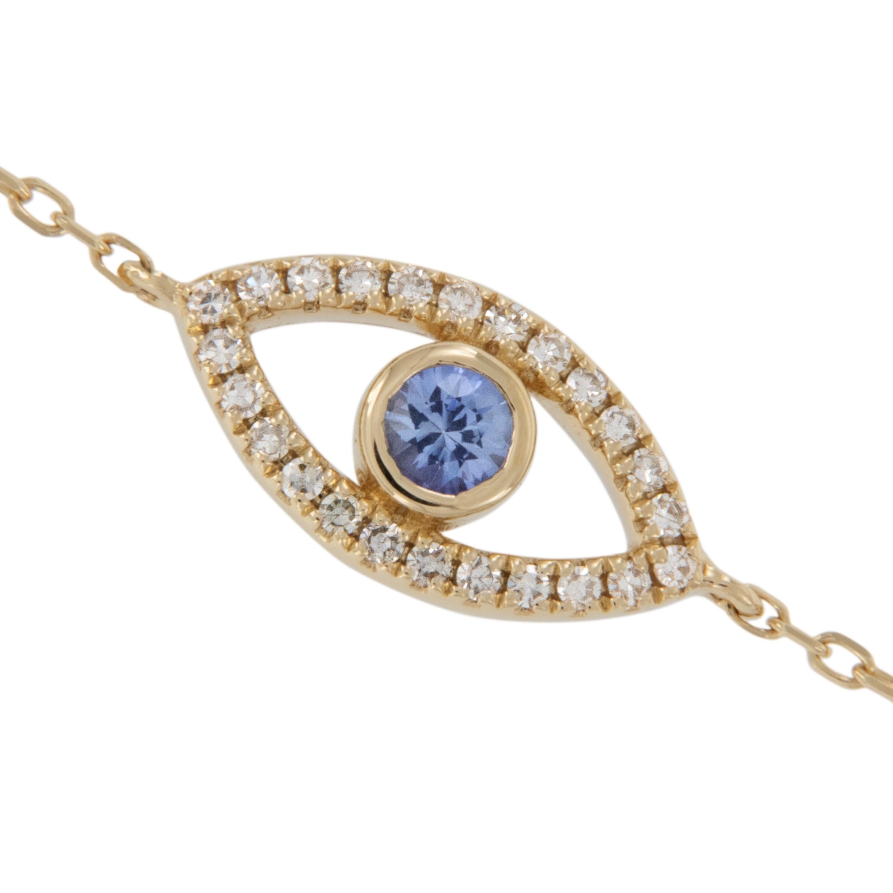 Sapphire as blue as the summer sky is the iris for this evil eye talisman which is thought to keep you safe from curses. Blue is the traditional color for good karma, positive energies, and protection against the evil eye. Looks great on your wrist
