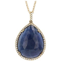 Yellow Gold Sapphire and Diamond Halo Necklace 14 Karat Pear Cabochon 9.36 Carat