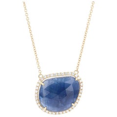 Yellow Gold Sapphire and Diamond Halo Necklace, 14k Rose Cut 8.36ctw Adjustable